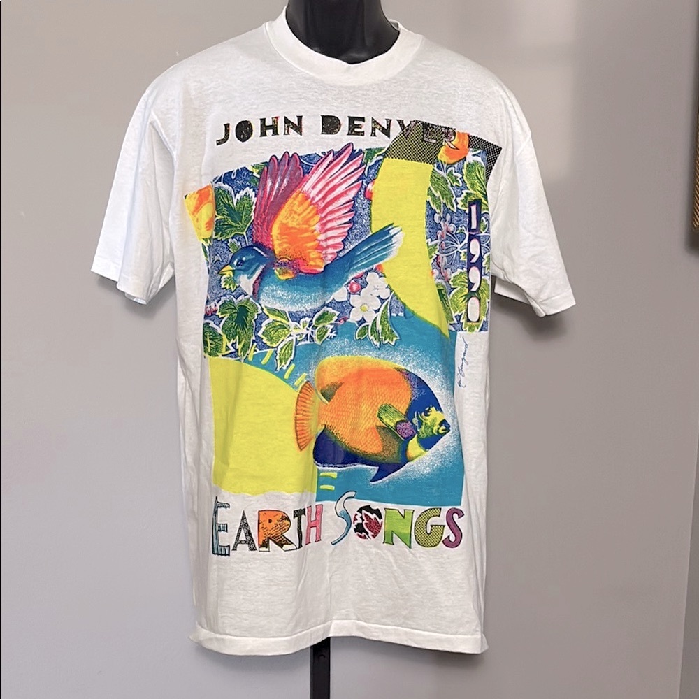 John Denver VINTAGE Large 1990 Earth Songs White T Shirt Hanes